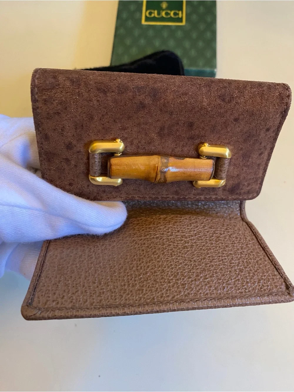 Gucci Brown Pebbled Leather Key / Card Case with Gold-Tone / Bamboo Hardware